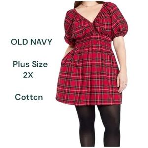 Old Navy Plaid Waist-Defined Mini Dress A Line Puff Sleeves Red and Green 2XL